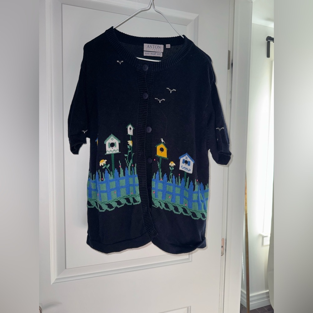 Vintage Embroidered Birdhouse Cardigan | Cottagecore Garden Knit